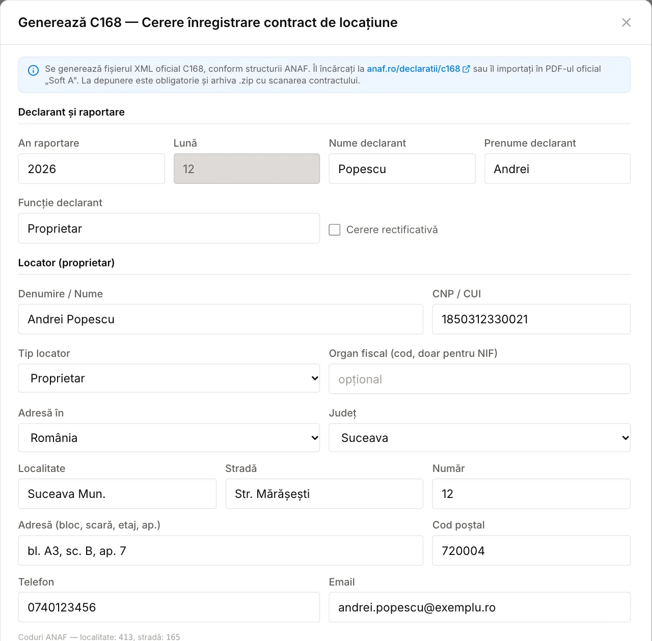 Formularul C168 în Chirie PRO: secțiunile Declarant și raportare și Locator (proprietar), precompletate