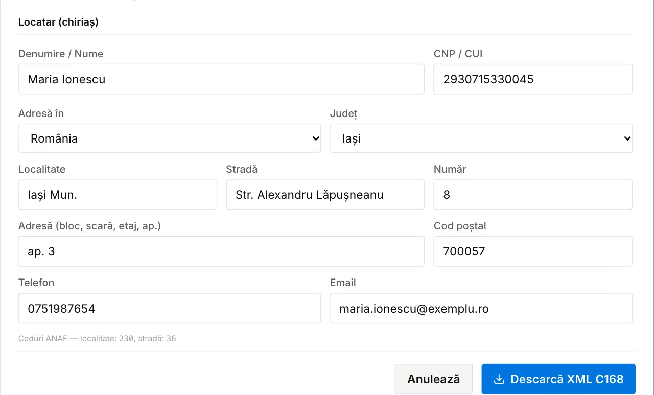 Formularul C168 în Chirie PRO: datele locatarului și butonul Descarcă XML C168
