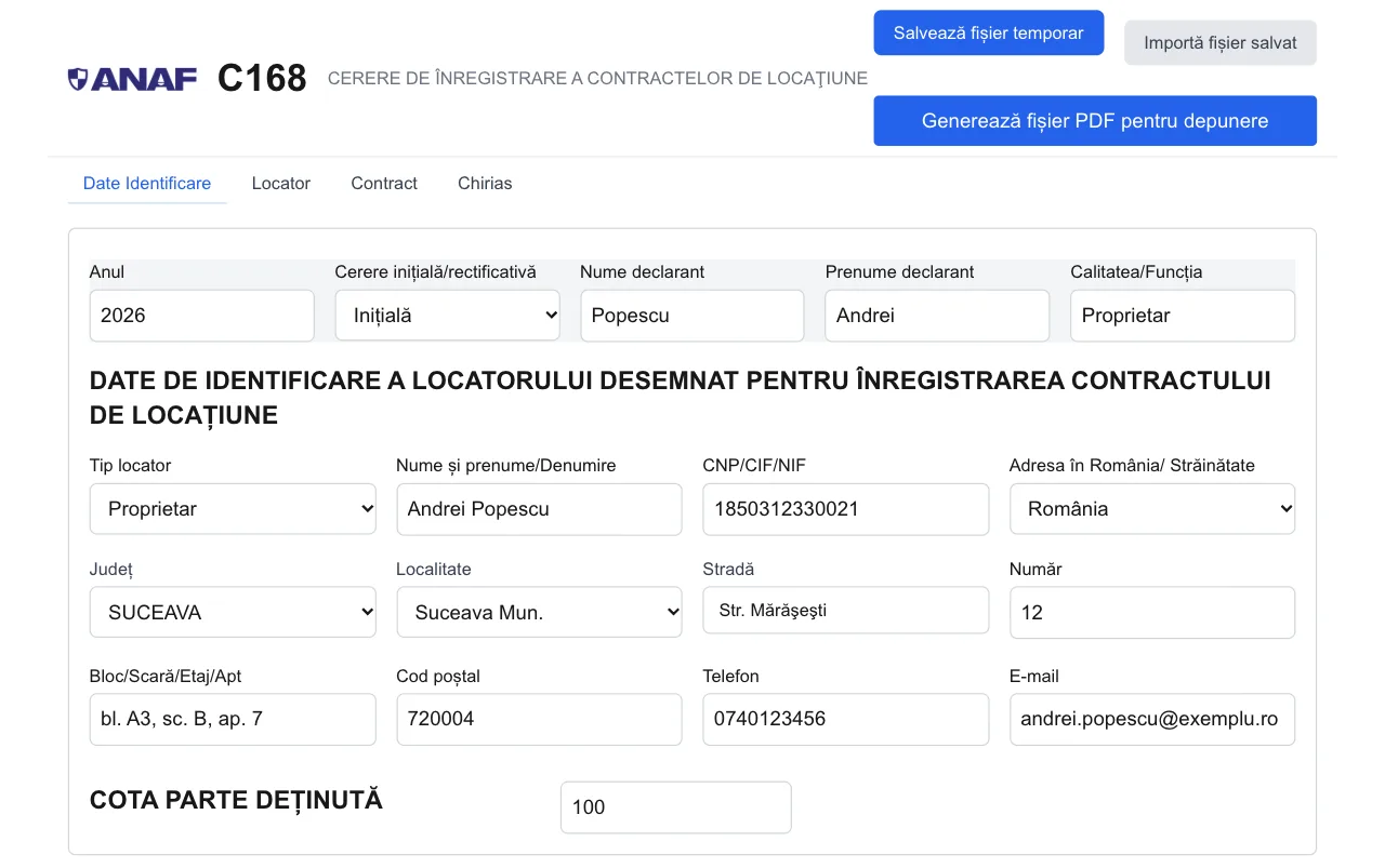 Formularul C168 de pe anaf.ro completat automat după importul fișierului XML generat în Chirie PRO