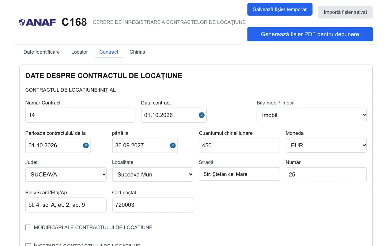 Tab-ul Contract din formularul C168 de pe anaf.ro: număr, dată, perioadă, chirie și adresa imobilului, preluate din XML