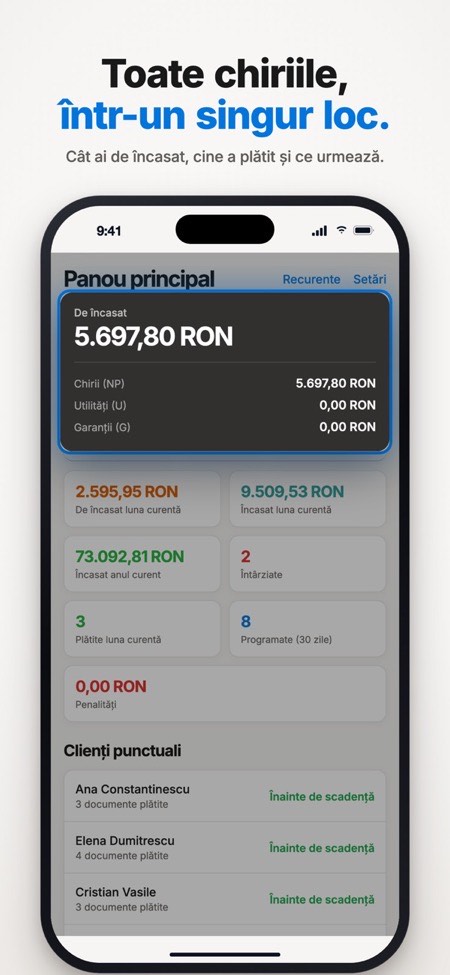 Aplicație de chirii pentru iPhone: ecranul principal Chirie PRO cu sumele de încasat și restanțele