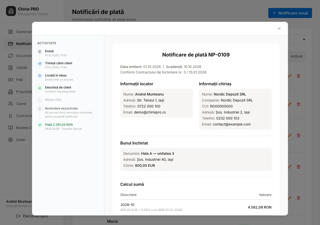 Chirie în euro convertită în lei: 900 EUR înmulțit cu cursul BNR din ziua emiterii, pe notificarea de plată